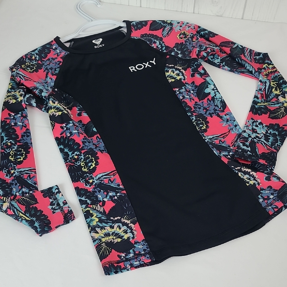 Roxy Women's Swim Rash Guard - Black and Pink Floral